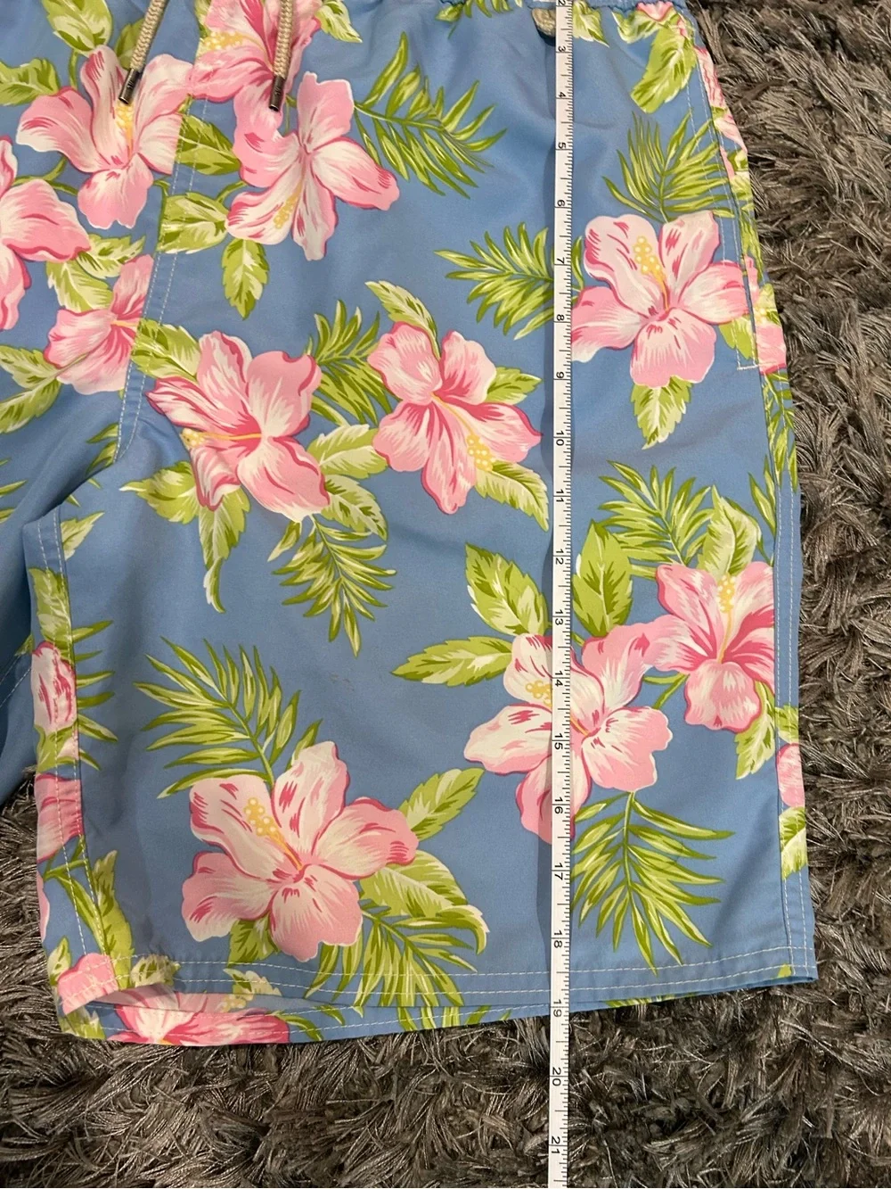 Polo Ralph Lauren Men's Blue Tropical Floral Swim Trunks with Pink Hibiscus L